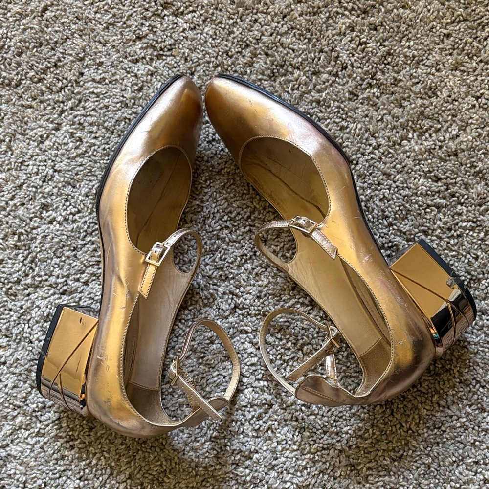 Jimmy Choo Metallic Gold Ankle-Strap Low Block Heels